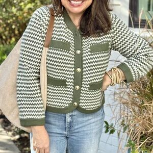 Chic Olive and White Cardigan Sweater